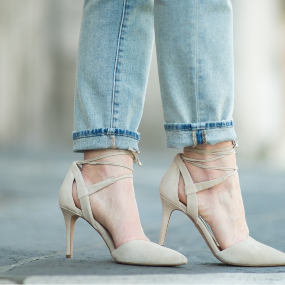 Vince Camuto Bellamy Suede pointed toe lace up heels.